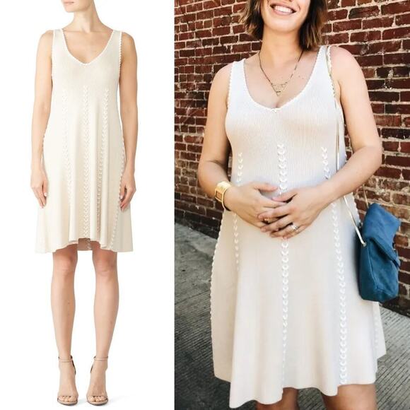 Ronny Kobo Carmel Dress Sleeveless V-Neck Knit A-Line Swing Knee Length Beige S - Picture 1 of 11